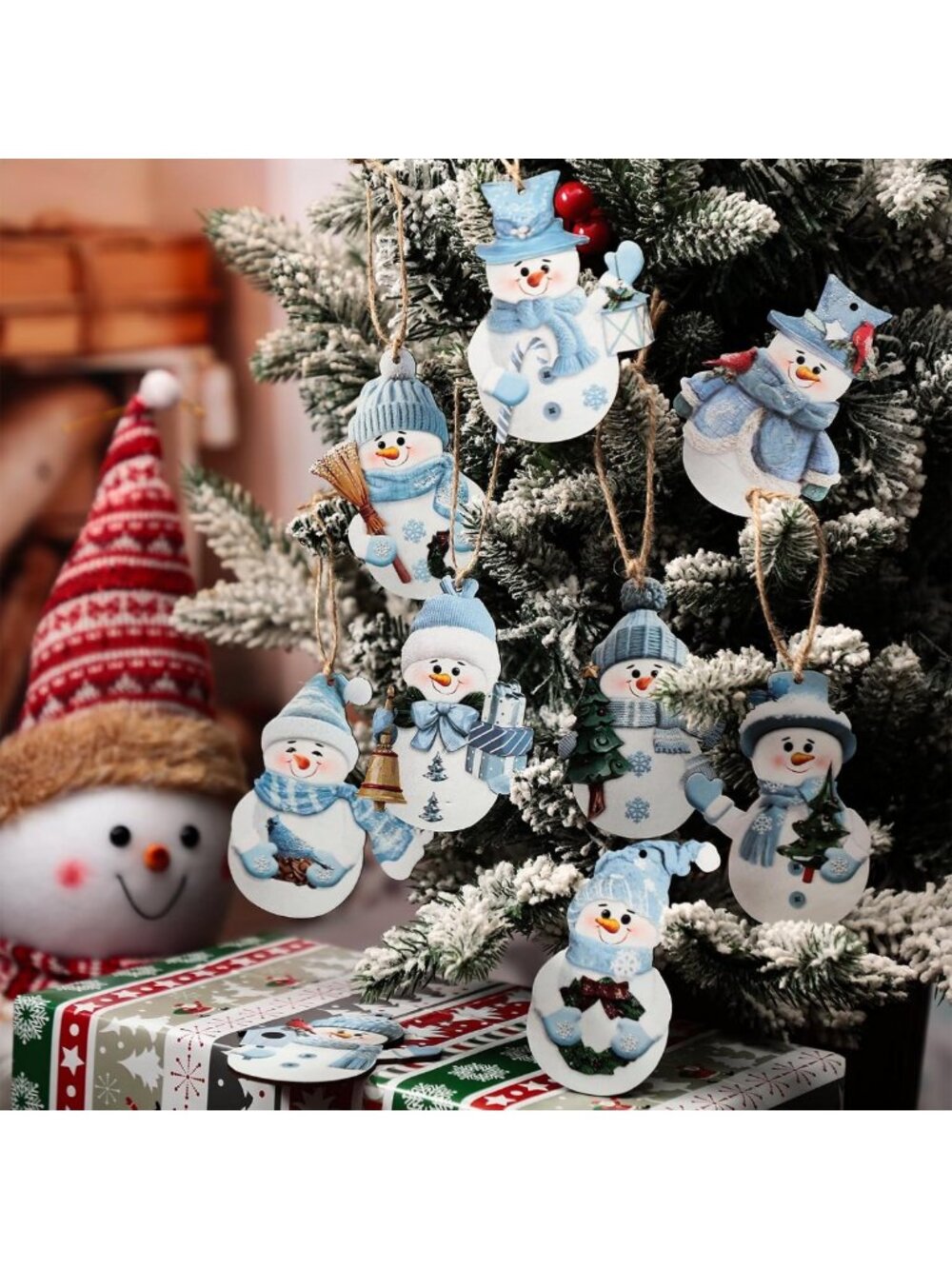 36 Pcs Wooden Snowman Ornaments - Blue Hanging Decor for Winter Holiday Parties